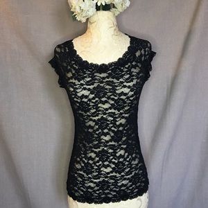 Black Lace Mesh See Through Short Sleeve Shirt